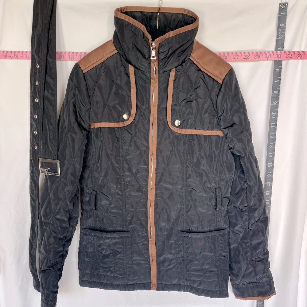 Cremieux Dark Navy Quilted Foxhunt jacket belted caramel brown piping